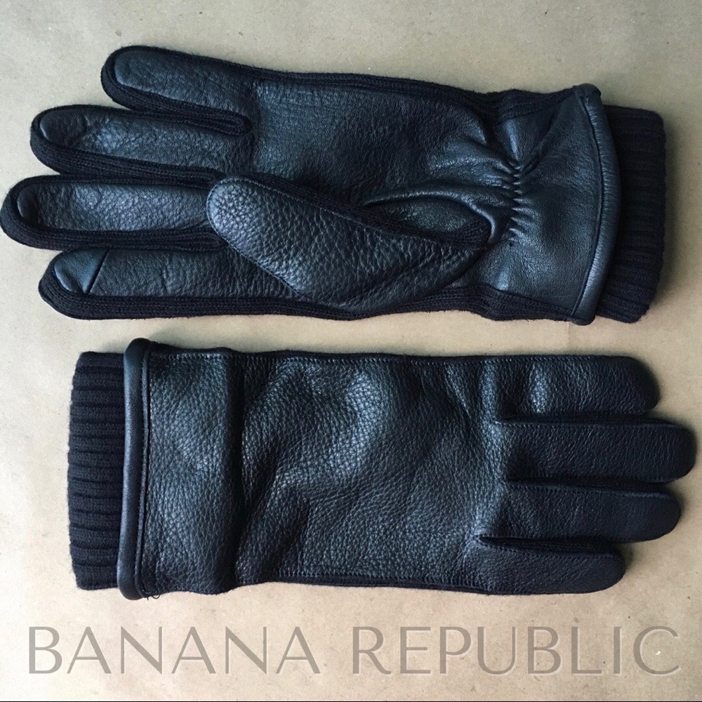*NWOT* 🏷Banana Republic: Men’s UNWORN Black Leather Gloves, Wool Lining: Size L